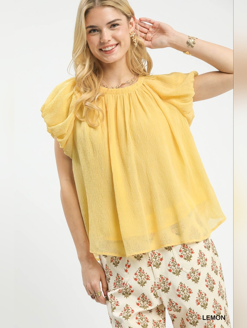 Umgee Crinkle Flutter Sleeve Peasant Top- Lemon Perfect For Spring!!